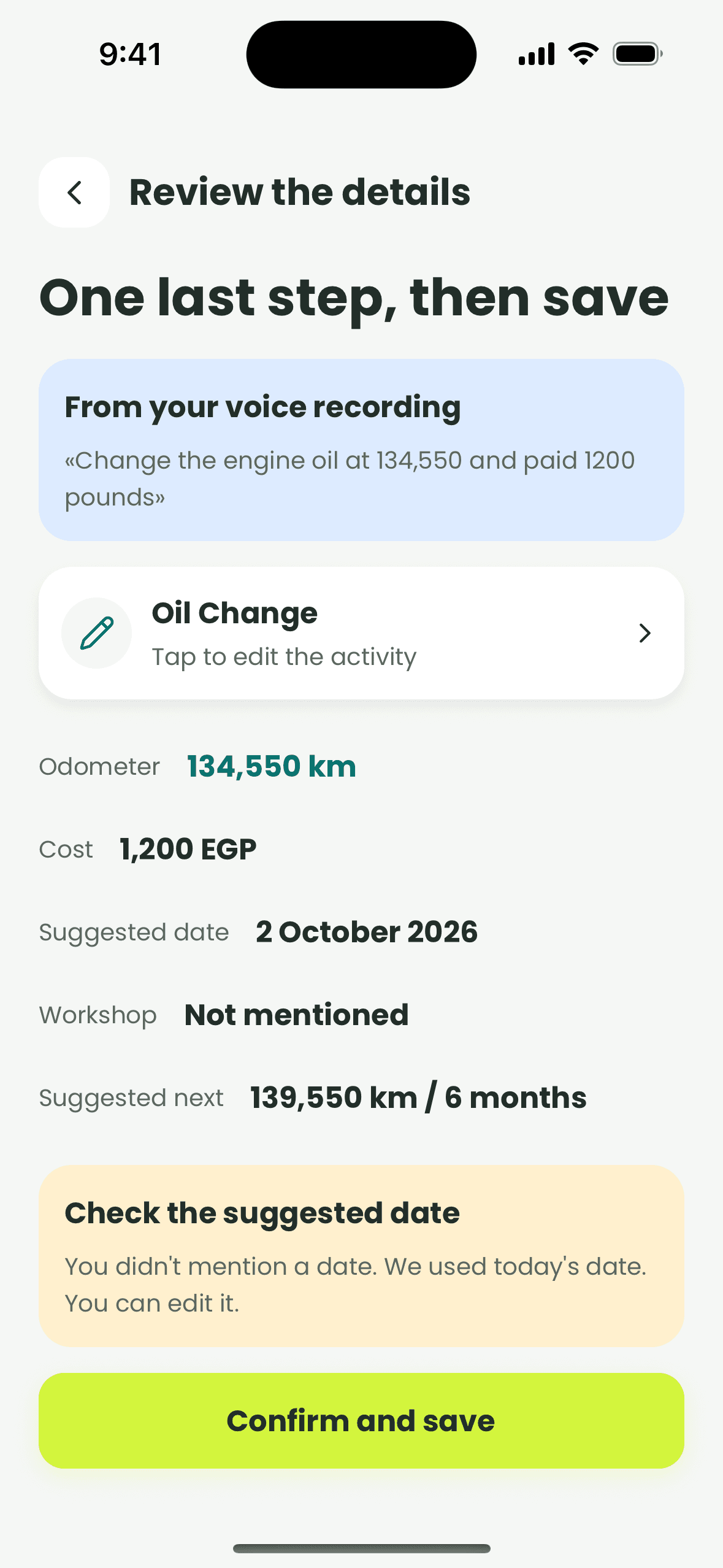 The review screen for a maintenance record in the Bestim app