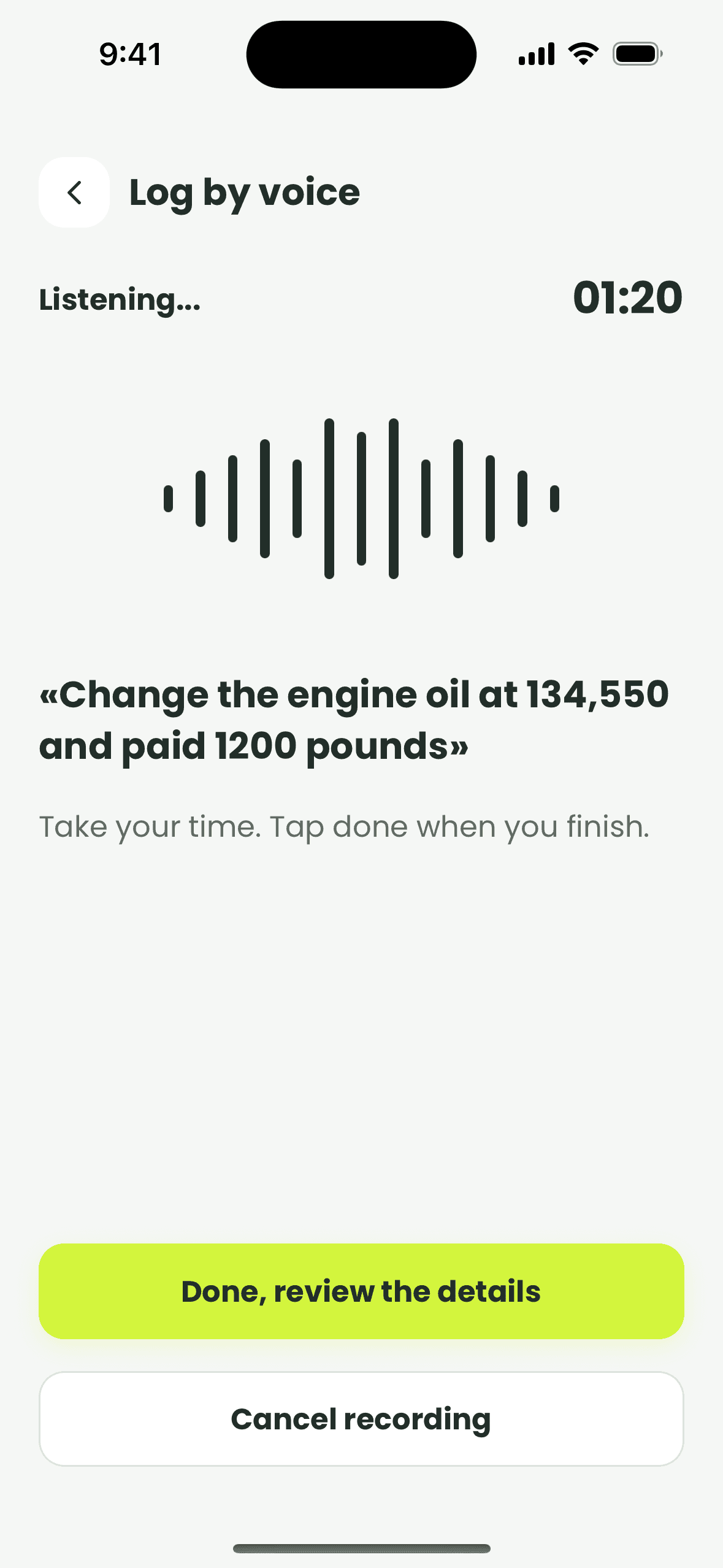 The voice logging screen in the Bestim app